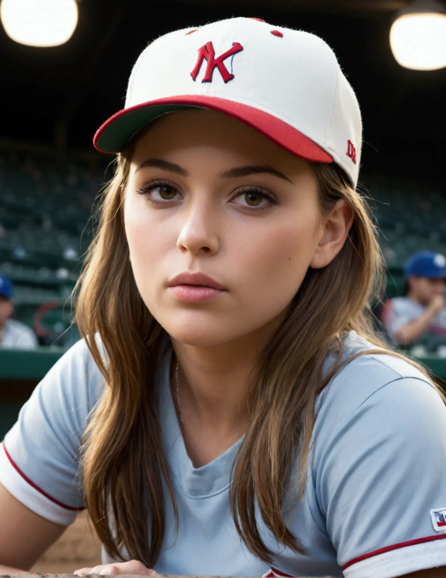 photorealistic portrait of a young woman in a baseball cap, chewing tobacco and sitting in a baseball dugout, detailed facial fe...