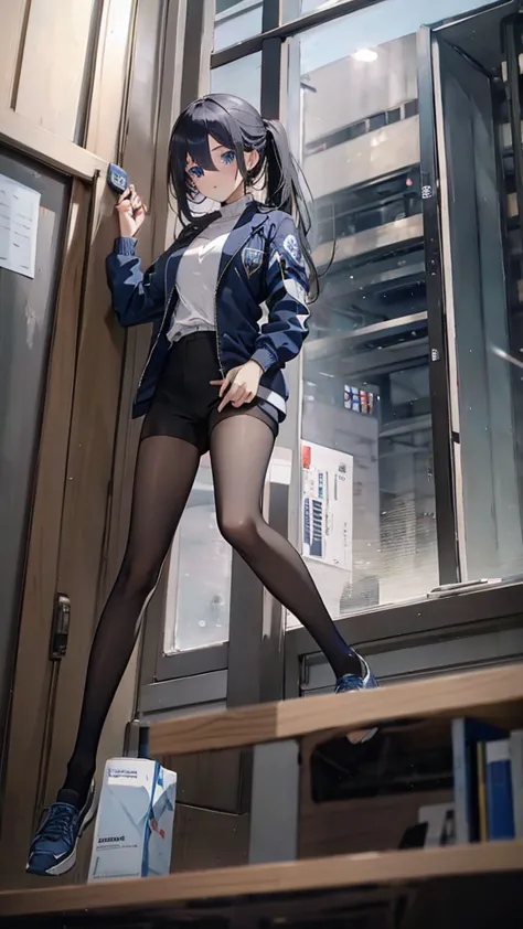 Blue delicate eyes, ,sports shoes，Black tights，Sports jacket，Hip-wrapped pants