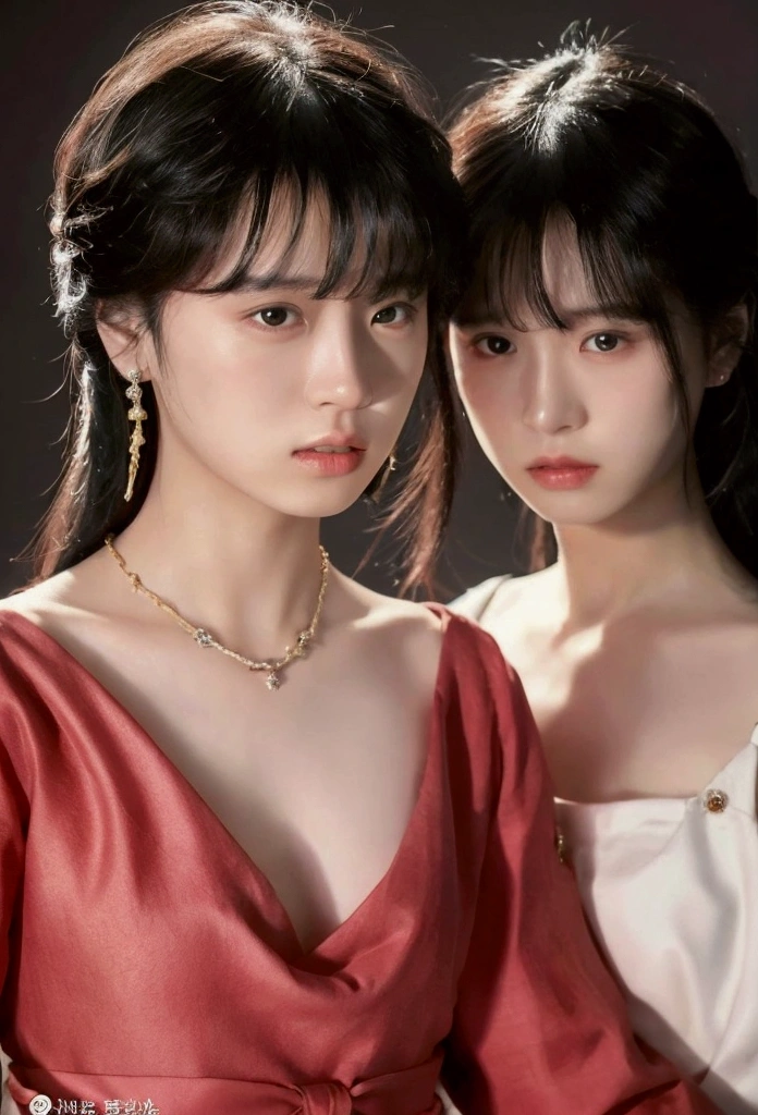 a close up of two people wearing jewelry and posing for a picture, roberto ferri and ruan jia, cai xukun, yanjun chengt, hsiao-ron, xianxia fantasy, wonbin lee, by Ni Tian, jia, yan, lv, ruan jia and brom, lv jewelry, inspired by Zhang Han, inspired by Wang Duo