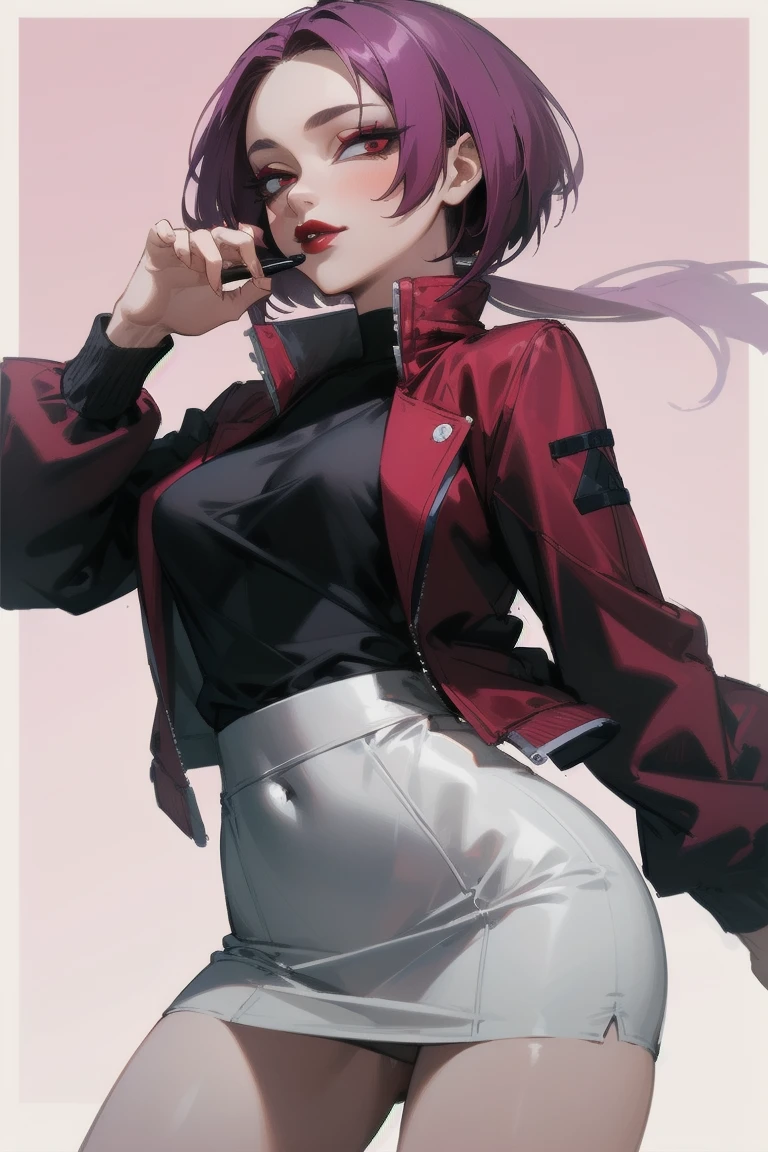 ((Highest quality)), ((masterpiece)), (Familiar), Hazy, Female,Mature Woman,Purple Hair, short hair, Low Ponytail, eye shadow, lipstick, Red eyes,Red and black jacket, White tight skirt