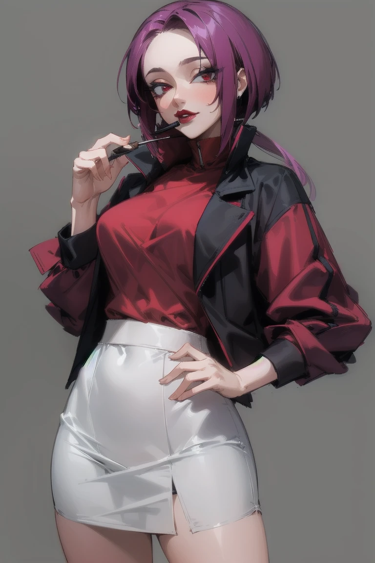 ((Highest quality)), ((masterpiece)), (Familiar), Hazy, Female,Mature Woman,Purple Hair, short hair, Low Ponytail, eye shadow, lipstick, Red eyes,Red and black jacket, White tight skirt