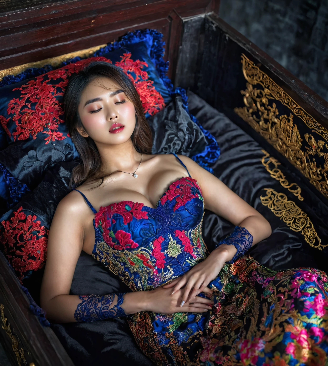 In a striking 8K HDR scene, a stunning Korean woman, 22 years old, lies peacefully in a black coffin surrounded by plush pillows. The deep box is set against a rich black background, accentuating the beauty of the subject. Her exquisite deep-V neckline kebaya attire is embroidered with superb detail, showcasing her round and firm breasts, perfect cleavage, and beautiful eyebrows. Her closed eyes and mouth give an air of serenity, while her visible and absolute cleavage leave nothing to imagination. The scene is bathed in saturated colors, highlighting every intricate aspect from the ball skirt to her clean face, straight body, detailed hand perfect hands, straight body, own hands together, own hand on stomach, detailed hands, perfect hands.