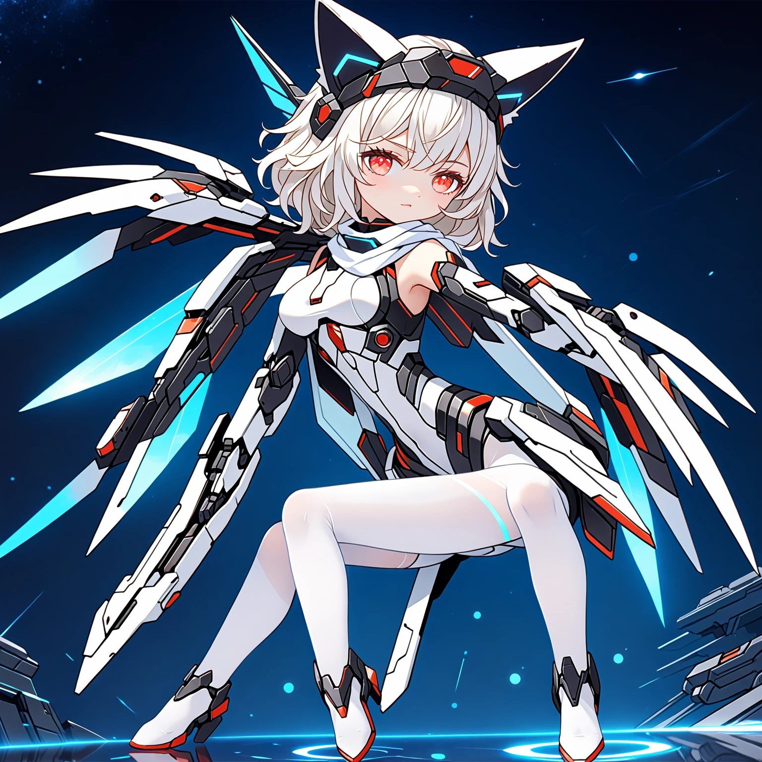 masterpiece, highest quality, highest resolution, clear_image, detailed details, white hair, long hair, 1 girl, normal cat ears, red eyes, futuristic wings, futuristic halo, white sci-fi mecha dress, white scarf with blow glow, white pantyhose, full body, no water marks, city, no extra limps, no extra body