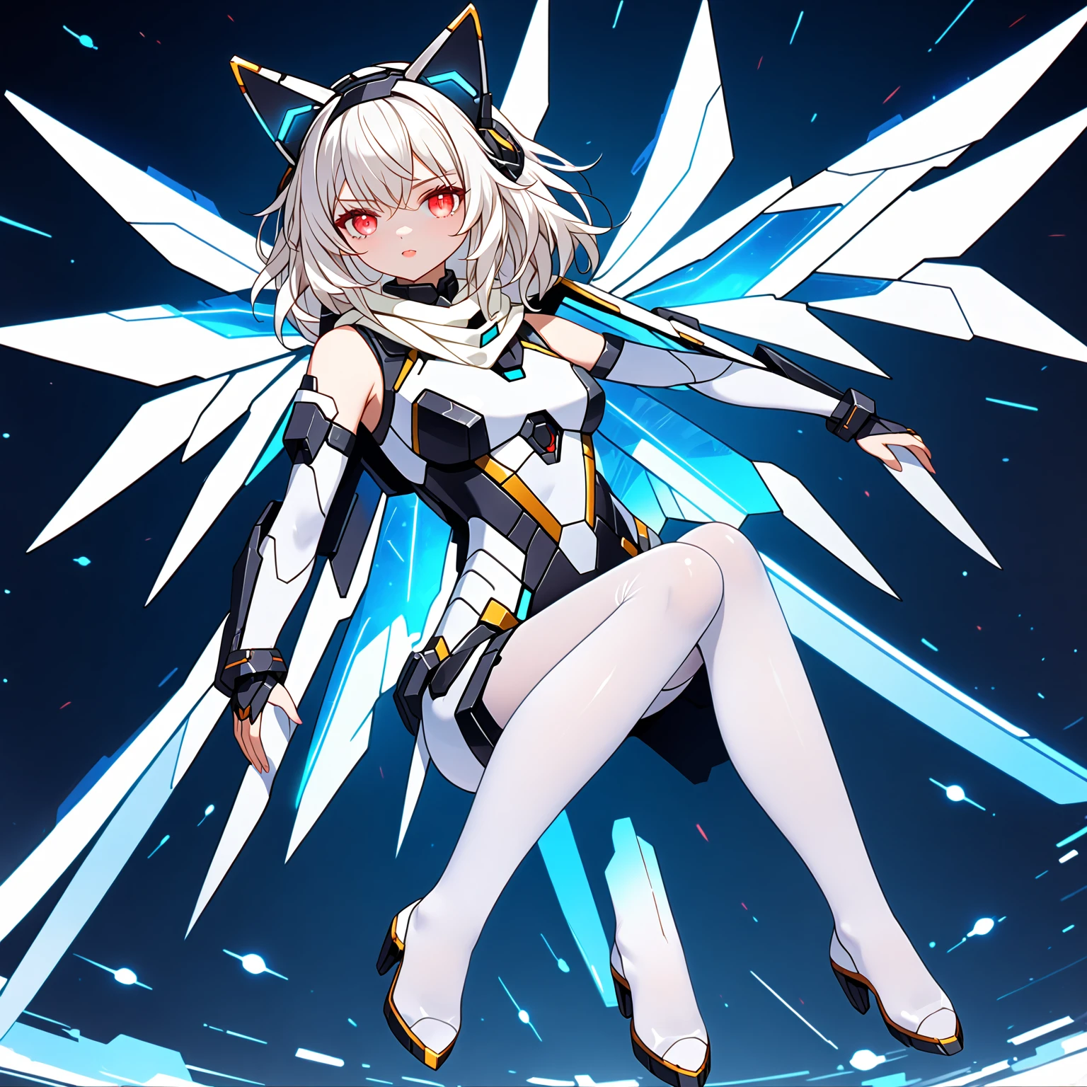 masterpiece, highest quality, highest resolution, clear_image, detailed details, white hair, long hair, 1 girl, normal cat ears, red eyes, futuristic wings, futuristic halo, white sci-fi mecha dress, white scarf with blow glow, white pantyhose, full body, no water marks, city, no extra limps, no extra body