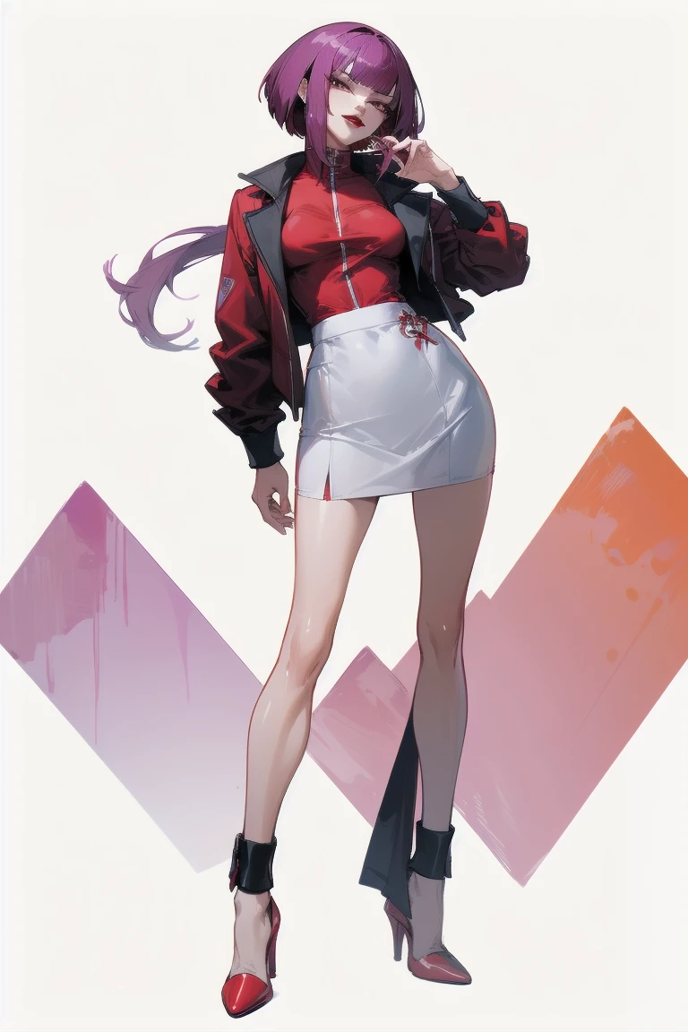 ((Highest quality)), ((masterpiece)), (Familiar), Hazy, Female,Mature Woman,Purple Hair, short hair, Low Ponytail, eye shadow, lipstick, Red eyes,Red and black jacket, White tight skirt,Red High Heels