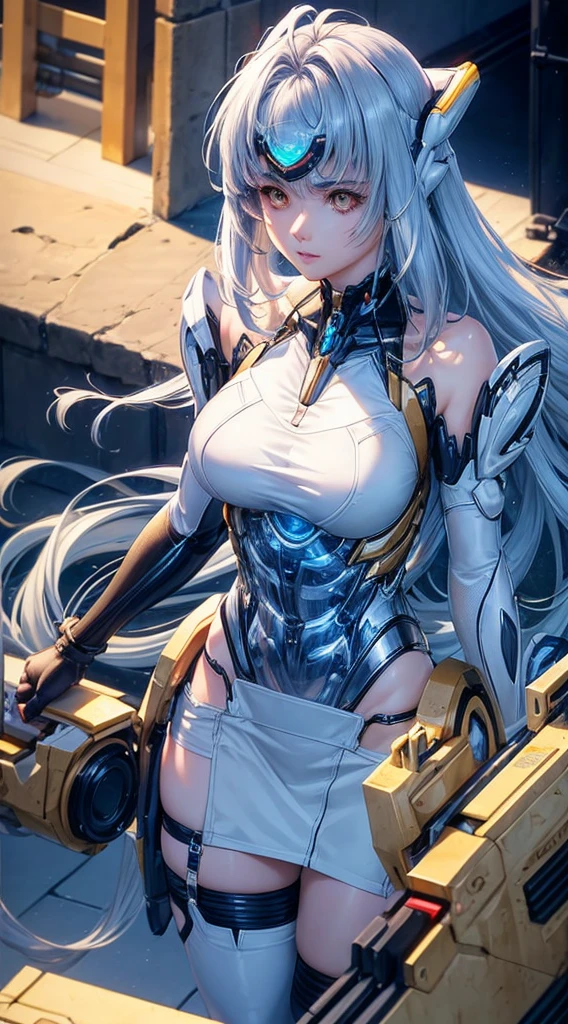 top-quality、​masterpiece、超A high resolution、(Photorealsitic:1.4)、女の子1人、Light blue hair、Straight hair, shiny and clean hair、White shiny skin、Sexy Cyberpunk Girl、((super realistic details))、Shadow、octan render、ultrasharp、hyperdetailed face、Fiberglass、Luminous tube、highly intricate detail、Realistic light、CGSoation Trends、((Golden Eyes))、(Facing the camera)、neon detailechanical limbechanical vertebrae attached to the back、mechanical cervical attaching to neck、Wires and cables connecting to the head、((valkyrie))、((Beam Cannon))、Combat stance