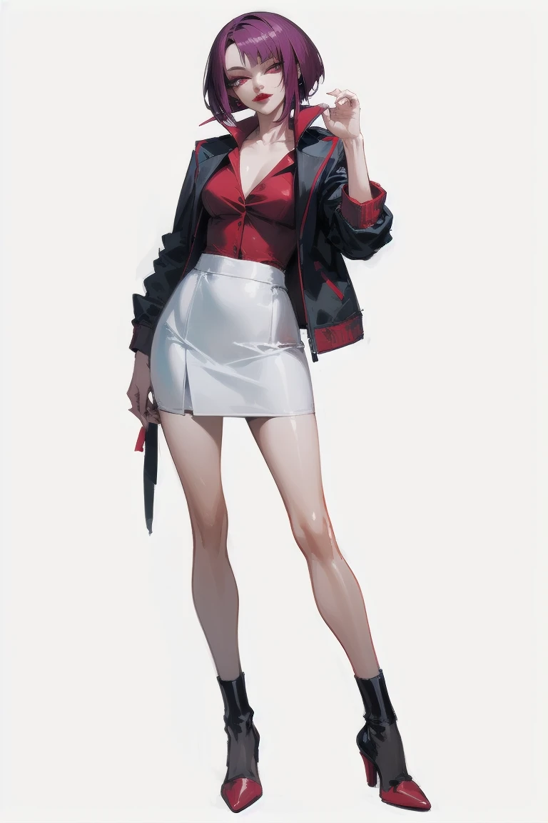 ((Highest quality)), ((masterpiece)), (Familiar), Hazy, Female,Mature Woman,Purple Hair, short hair, Low Ponytail, eye shadow, lipstick, Red eyes,Red and black jacket, White tight skirt,Red Heels