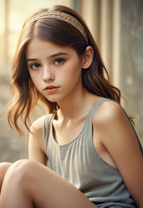 (Cinematic photo:1.3) From (Thigh-length photos:1.3),(skinny:1.3) Beautiful 12 year old girl, (complex brown hair), Highly detai...