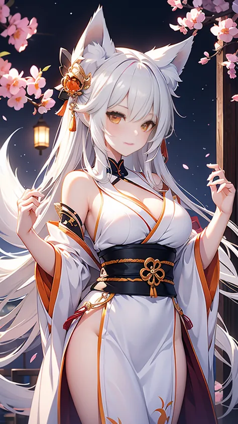 spirit fox, sexy, bright eyes, white hair, fox ears, loom at viewer, beatifull girl, seductive gaze, sexy pose, orange eyes, fox...