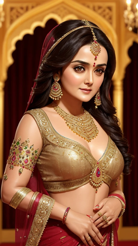 Preity Zinta, as 21 years old beautiful woman, wearing an ornate dark ghagra and a long blouse, eye mascara, eye shadows, long eye lashes, gold jewellery , large breasts, standing in a palace, upper body, front view, closeup, pubic hair visible