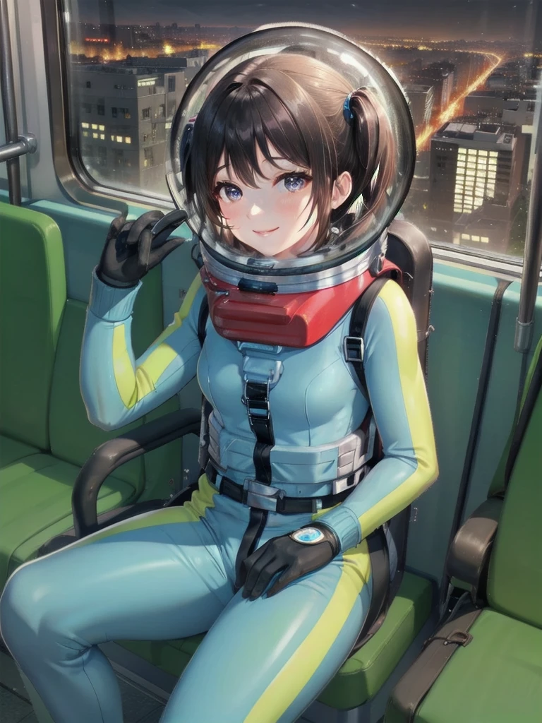 space helmet, (cinematic scene, sitting on a chair, train interior, , city view, night view: 1.5), space helmet, eva helmet, space suit, astronaut), smile bubble helmet, very detailed, speed helmet, bubble helmet, ,upper body, astronaut),eva helm, spacesuit , astronaut),girl, wearing a (spacesuit:1.15), white cargo pants, BUBBLE HELMET, SPACE HELMET,twintails hair, 