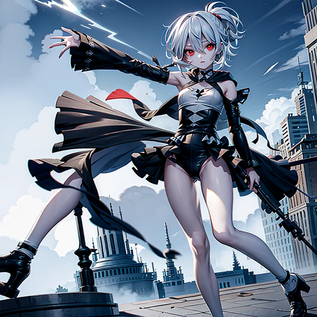 (Tabletop, Highest quality), (Perfect athletic body: 1.2), (Fine hair), Very detailed, Anime Style, whole body, alone, Cyberpunk Psychic Girl, whole body dressed in tattered robes and hood, Vagabond style, Gray Hair, Red eyes, Floating in the air, Small build, Psychic Aura, White Background, whole body, Blue Flame, （（Lightning in a woman's hand））