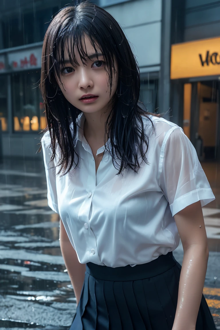 (masterpiece, Highest quality, One Girl, Beautiful office lady, Very wet, soaked from heavy rain, Long black hair, Straight hair, White blouse, Dark Skirt, Serious expression, Street background, Detailed Scene, Reflective Puddle, Dark Clouds, heavy rain, realistic rain effect)