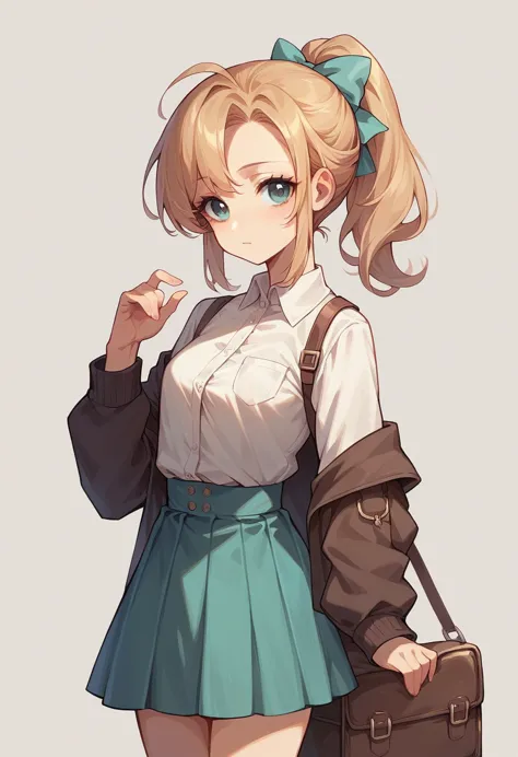 Lovely young face,adult,Coquettish,simple outfit,elegance,ponytail hair ,skirt, shirt,kabedon