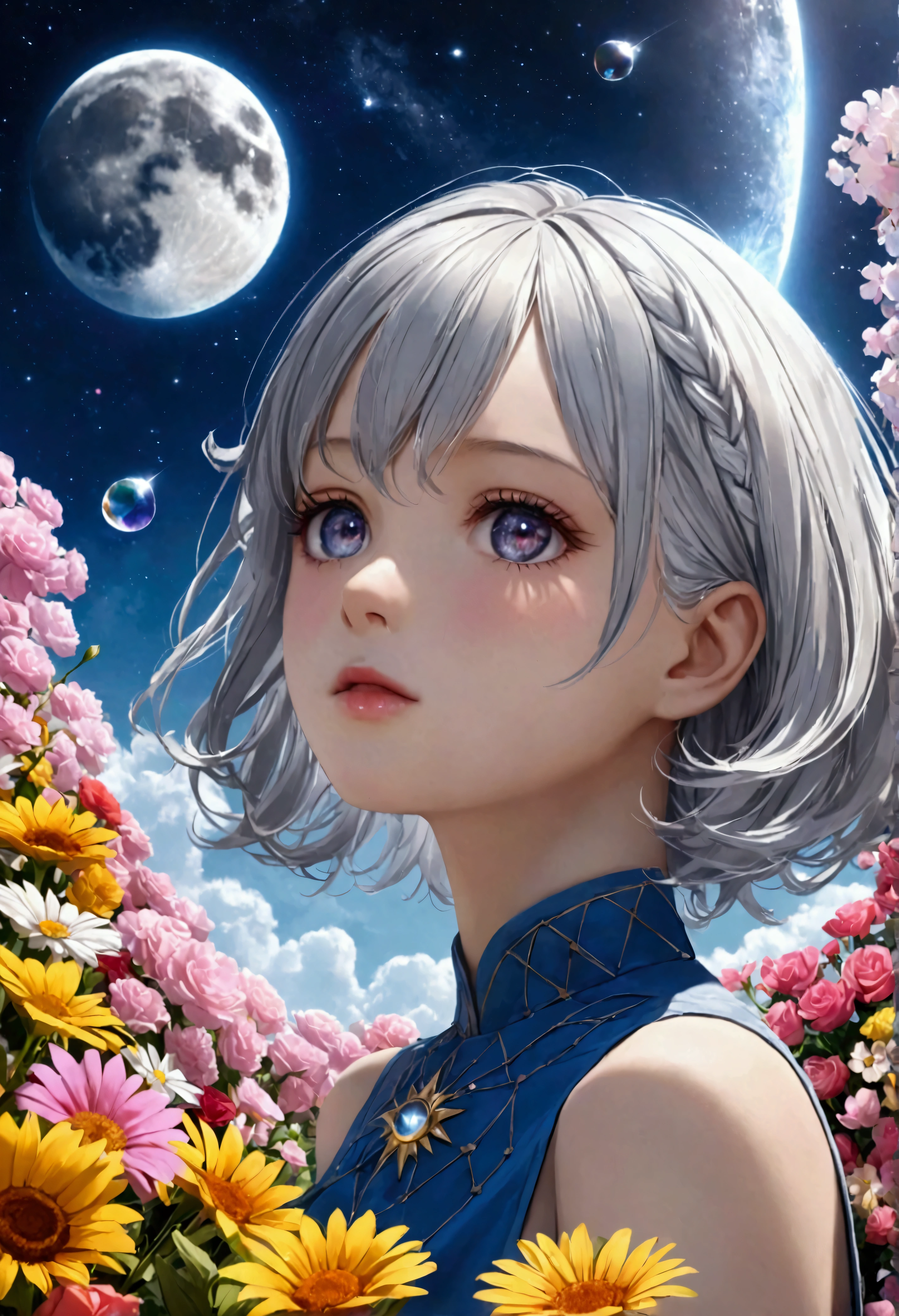 (female\(Student, age 15, JK, short floating silver hair, cosmic colored eyes, negro , pale skin, tired face without shine in the eyes\) is looking at the sky), beautiful sky, beautiful clouds, colorful summer flowers bloom here and there, (Crystalline bubbles shine like prisms here and there in the sky.), There is the noon moon and the noon stars in the sky., BREAK ,quality\(8k,Extremely Detailed CG Unit Wallpaper, Masterpiece,high resolution,top-quality,top-quality real texture skin,Hyper realistic,increase resolution,RAW Photos,la mejor quality,Very detailed,The wallpaper,cinematic lighting,ray trace,golden ratio\),long shot