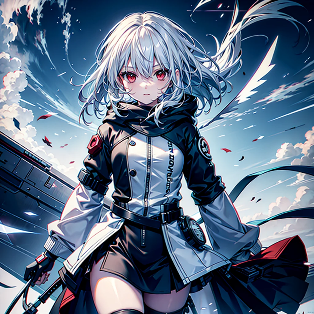 (Tabletop, Highest quality), (Perfect athletic body: 1.2), (Fine hair), Very detailed, Anime Style, whole body, alone, Cyberpunk Psychic Girl, whole body dressed in tattered robes and hood, Vagabond style, Gray Hair, Red eyes, Floating in the air, Small build, Psychic Aura, White Background, whole body, Blue Flame, （（Lightning in a woman's hand））