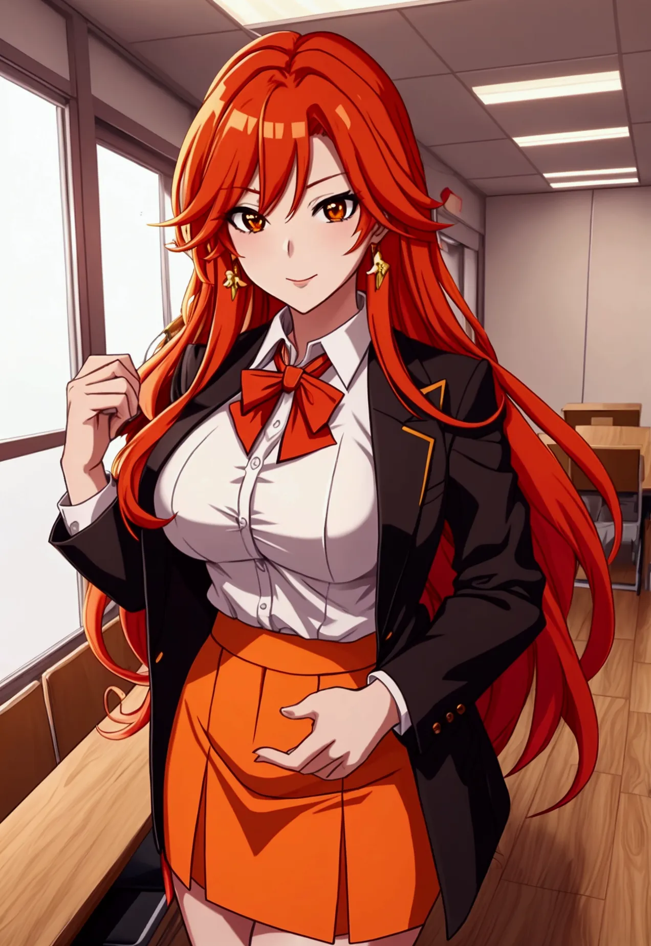 olbusiness attire，anime girl with long red and orange hair, 28 years old，long hair anime girl, she has long orange-yellow hair.,...