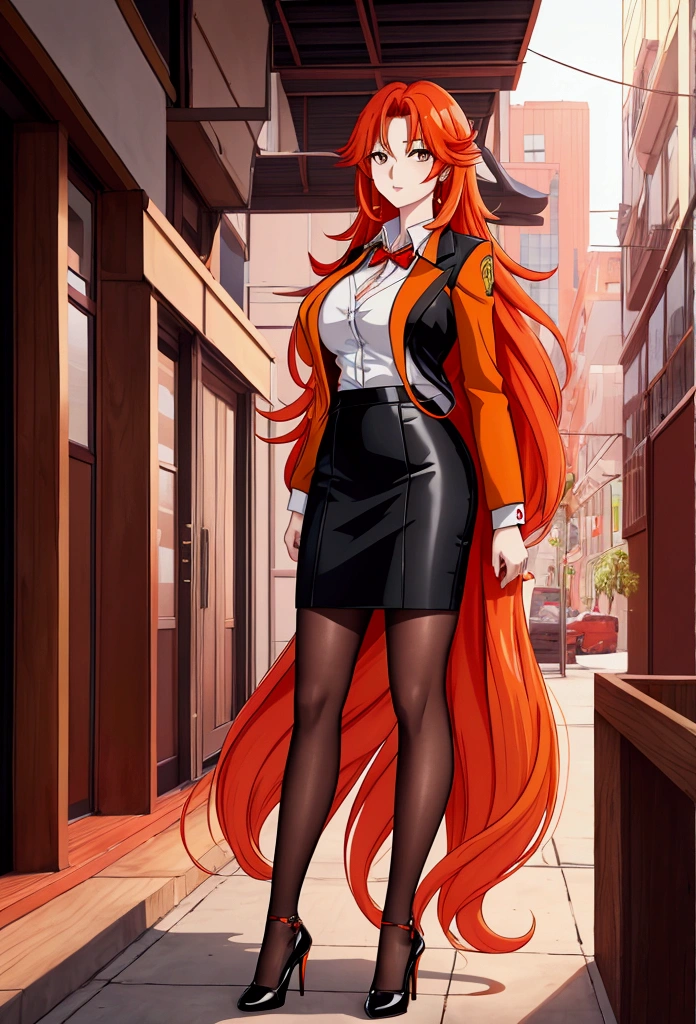 olbusiness attire，Anime girl with long red and orange hair, 28 years old，long hair anime girl, She has long orange-yellow hair., Attractive anime girl,shirt，白shirt，Professional hip skirt，business attire，office，city building，现代office，Very long hair，Large Breasts,Keep files,Exciting appearance，Front view，First Perspective，high quality，16K，Exciting appearance，very clearly，Exquisite mature facial，Royal sister，Alone，Standing front，Hands hanging down，High heel，whole body