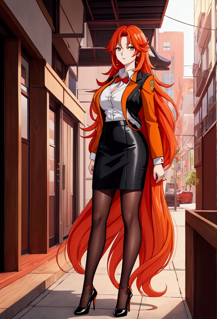 olbusiness attire，anime girl with long red and orange hair, 28 years old，long hair anime girl, she has long orange-yellow hair.,...