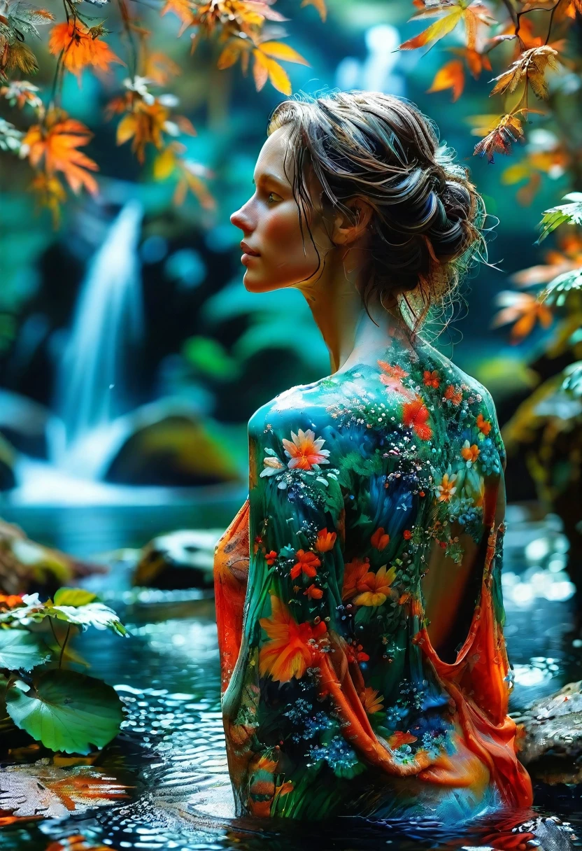 A mesmerizing, intricately painted masterpiece by Hans Darias AI, featuring a woman with her back adorned by a stunning landscape. The rich, vibrant colors bring to life a cascading waterfall, dense forests, and a serene pond, seamlessly blending the woman's form with the surrounding nature. Her graceful pose, with hands delicately clasped behind her head, perfectly complements the flowing waterfall and lush greenery. The entire artwork is illuminated under a deep black background, creating an ethereal glow that draws viewers into this dreamlike world and invites them to explore the harmonious connection between the woman and her natural environment.