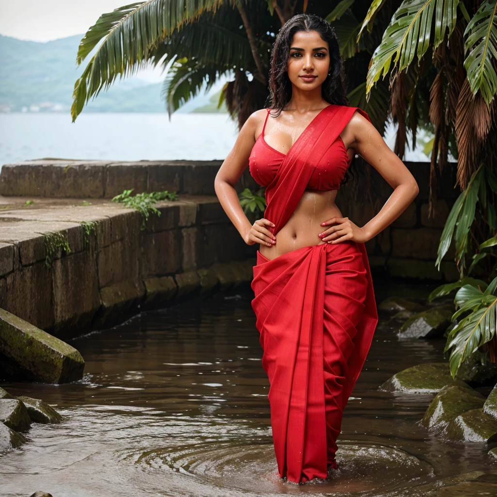 Huge breast red saree full body wet