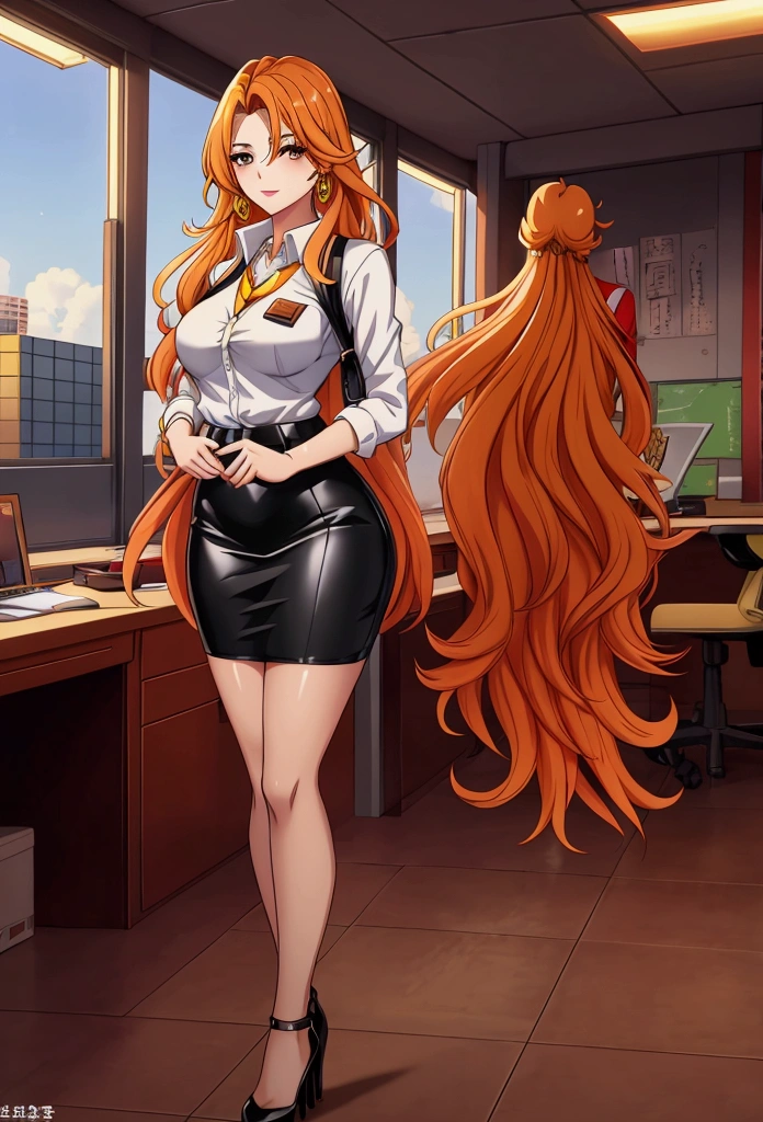 ol professional woman，28 years old，long hair anime girl, She has long orange-yellow hair.，Red and yellow hair，Attractive anime girl,White shirt，White shirt，Black hip skirt，business attire，office，city building，现代office，Very long hair，Large Breasts,Keep files,Exciting appearance，Front view，First Perspective，high quality，16K，Exciting appearance，very clearly，Exquisite mature facial，Royal sister，Alone，Standing front，Hands hanging down，High heel，whole body