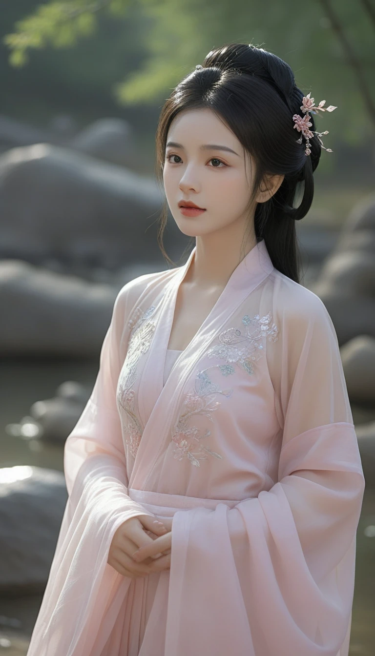 Ultra realistic, Intricate, Epic movie scene),1girl,hanfu,full body,(big tight large breasts), casting an otherworldly radiance on its surroundings,(Intricate, Lots of tiny details, amazing lighting, amazing setting),(Colorful, Ultra Realistic, High quality, Highly detailed, Sharp focus, 8K UHD, Ultra realism，(smile:0.3), ((soft pink nipples)), ((naked)),