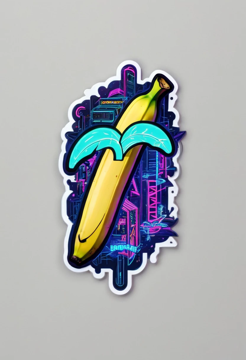 Create a sticker illustration of a banana inspired by the video game Cyberpunk 2077 with a 2D graffiti effect. The sticker should have no background, with only the banana shape and a prominent white outline around the edges. All design elements must be contained within the shape of the banana, and none should extend beyond its edges. The peel of the banana should not be yellow but instead be replaced by the following Cyberpunk 2077 elements, all depicted in a graffiti style: - A deep matte black base for the peel, symbolizing the dark streets of Night City. - Blue neon circuit lines running across the banana’s surface, resembling cybernetic implants, with a spray-paint texture. - The "Samurai" logo near the tip of the banana, designed in a graffiti font and style. - Stickers of in-game brands like Arasaka and Militech, and gang symbols like "The Moxes", all depicted with a street art aesthetic. - Modernized tribal tattoo motifs and hacking icons in red and green neon, rendered with a graffiti effect. - Sections with light effects mimicking the neon lights of Night City, with a pulsating spray-paint effect around the circuits. - A small, metallic chrome-plated label near the base with the inscription "Cyber Choice" in a graffiti font. Ensure the design is vibrant, edgy, and high-tech, with the stylized interior capturing the futuristic and dystopian ambiance of Cyberpunk 2077, all within the iconic shape of a banana. All elements must be contained within the banana and not extend beyond its edges.