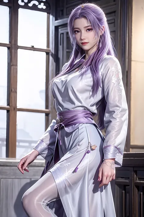 purple cheongsam，long legs