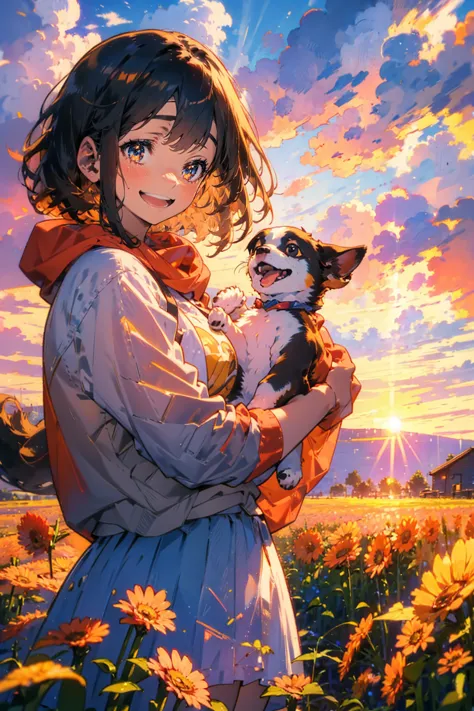 1girl and 1dog,she hold a small dog,smile,sunflowar field,sunset,brilliant sky,at summer