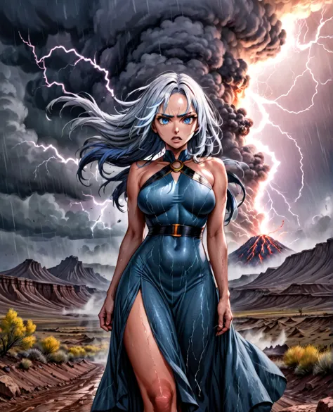 female storm goddess, perfect face, clear eyes, voluminous hair,  smoke dress, 0k3dr3ss,  martius_storm, tornado, hurricane, vol...