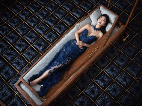 In a striking 8K HDR scene, a stunning Korean woman, 22 years old, lies peacefully in a black coffin surrounded by plush pillows...