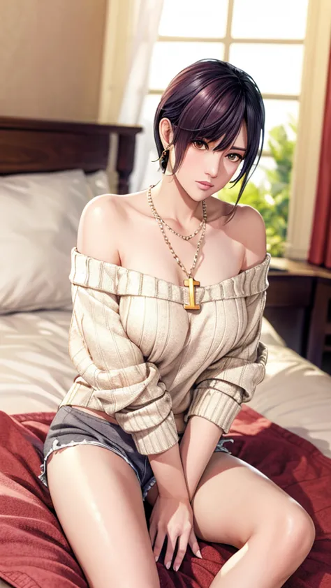nagisa, (off-shoulder sweater, oversized sweater), (hiden short pants), (cross-legged sitting, hands lying on thighs), on bed, b...