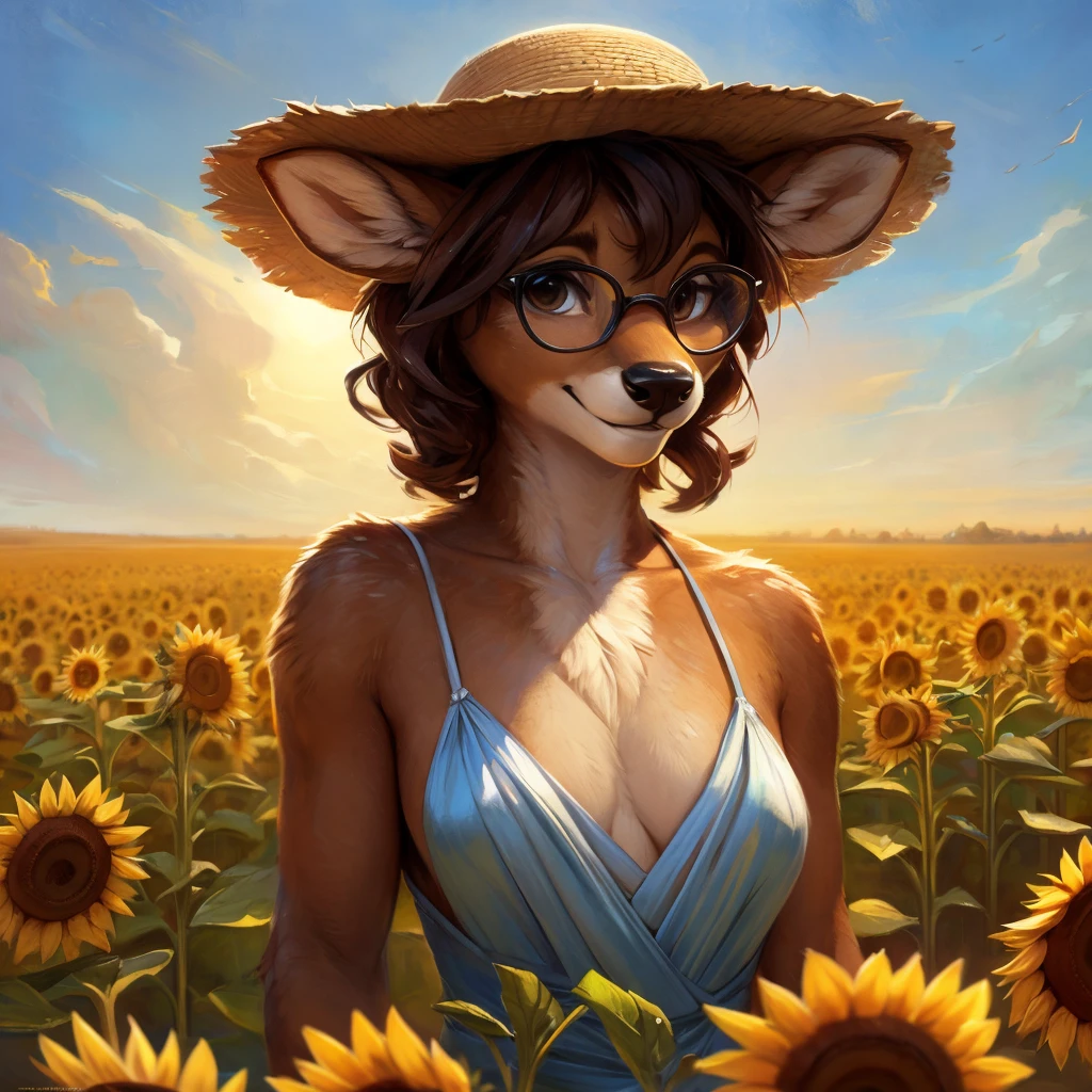 uploaded on e621, by Pixelsketcher, by Bayard Wu, by Thomas Benjamin Kennington , by Einshelm, by hioshiru and kenket, Chunie, portrait, solo anthro female deer doe, with small featureless breasts, clear dark blue, cinematic lighting, day, sunny day, sunflower field, stands in a high sunflower field, sunflower field background, sunflowers, mediterranean background, horizon background, shiny, short curly dark brown hair, wears big black nerd glasses, very very beautiful furry art, furry art, smiling, joyful, shiny, happy, feminine, cute face, muzzle, fluffy chest, flawless face, Fallow deer, 1girl, Sakimichan is beautiful, Masterpiece, Wavethesallow Face, shiny, Detailed image, portrait, Detailed image, portrait, full body, wearing pure white and wide spaghetti straps dress, wearing big and wide beige summer straw hat, shiny, realistic face, perfect anatomy, hourglass body, (furry body:1.1), anthropomorphic deer, looks at the viewer, small fluffy tail, detailed background, (cute anatomy:1.1)
