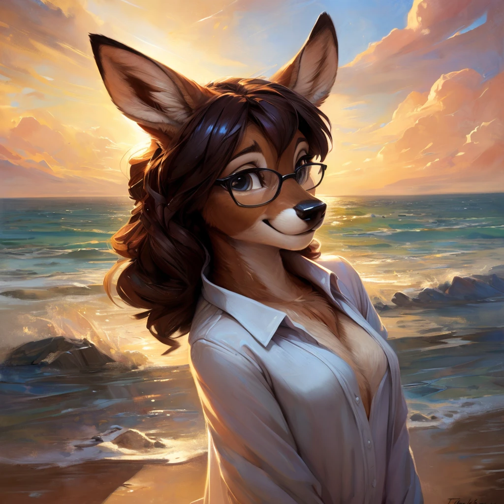 uploaded on e621, by Pixelsketcher, by Bayard Wu, by Thomas Benjamin Kennington , by Einshelm, by hioshiru and kenket, Chunie, portrait, solo anthro female deer doe, with small featureless breasts, clear dark blue, cinematic lighting, day, sunny day, beach, stays in the sea, sea background, mediterranean background, horizon background, shiny, short curly dark brown hair, wears big black nerd glasses, very very beautiful furry art, furry art, smiling, joyful, shiny, happy, feminine, cute face, muzzle, fluffy chest, flawless face, Fallow deer, 1girl, Sakimichan is beautiful, Masterpiece, Wavethesallow Face, shiny, Detailed image, portrait, Detailed image, portrait, full body, wearing wide, long, white blouse, shiny, realistic face, perfect anatomy, hourglass body, (furry body:1.1), anthropomorphic deer, small fluffy tail, detailed background, (cute anatomy:1.1), windy, smiling, very happy, happy
