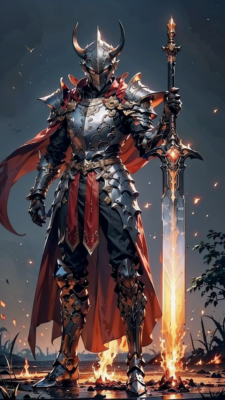 8K quality,(super masterpiece:1.3),Highest quality,Detailed Images,1 person,knight,pocket(Two cow horns,Red Tosaka),Silver Full Armor,(Blue Capeを羽織る,Blue Cape),(He holds a flaming sword in his right hand),(background:Burning image,sunset,幻想的なsunset,The End,The end of the world,grassland,Remains),(Whole body image,Standing with your legs apart),(Face directly towards the camera,Looking directly at the viewer,looking at the camera,The body faces the viewer,The body is facing the direction of the camera,Face looking straight into the camera).