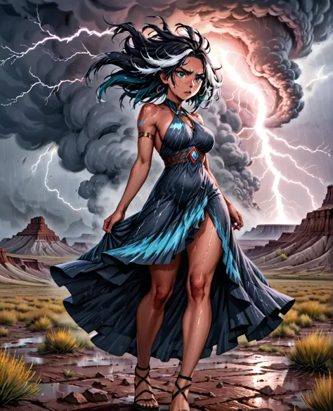 female storm spirit, perfect face, clear eyes, voluminous hair,  smoke dress, 0k3dr3ss,  martius_storm, tornado, hurricane, volc...