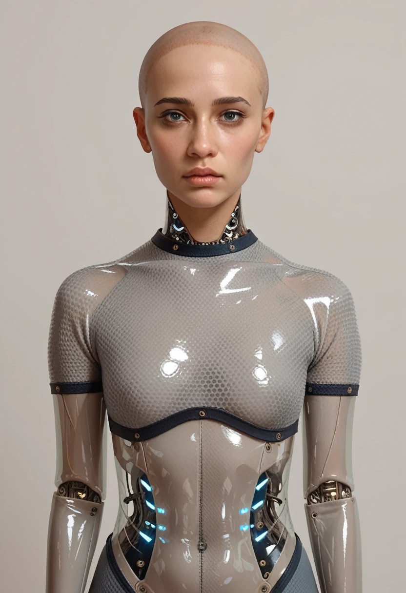 ava, portrait, android, transparent skin parts, looking at the viewer, waist, gray bodysuit, bald, perfect skin, smooth skin, round face, score_9, score_8_up, score_7_up, score_6_up, score_5_up, score_4_up
