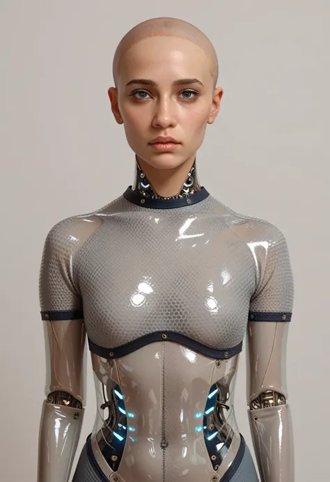 ava, portrait, android, transparent skin parts, looking at the viewer, waist, gray bodysuit, bald, perfect skin, smooth skin, ro...