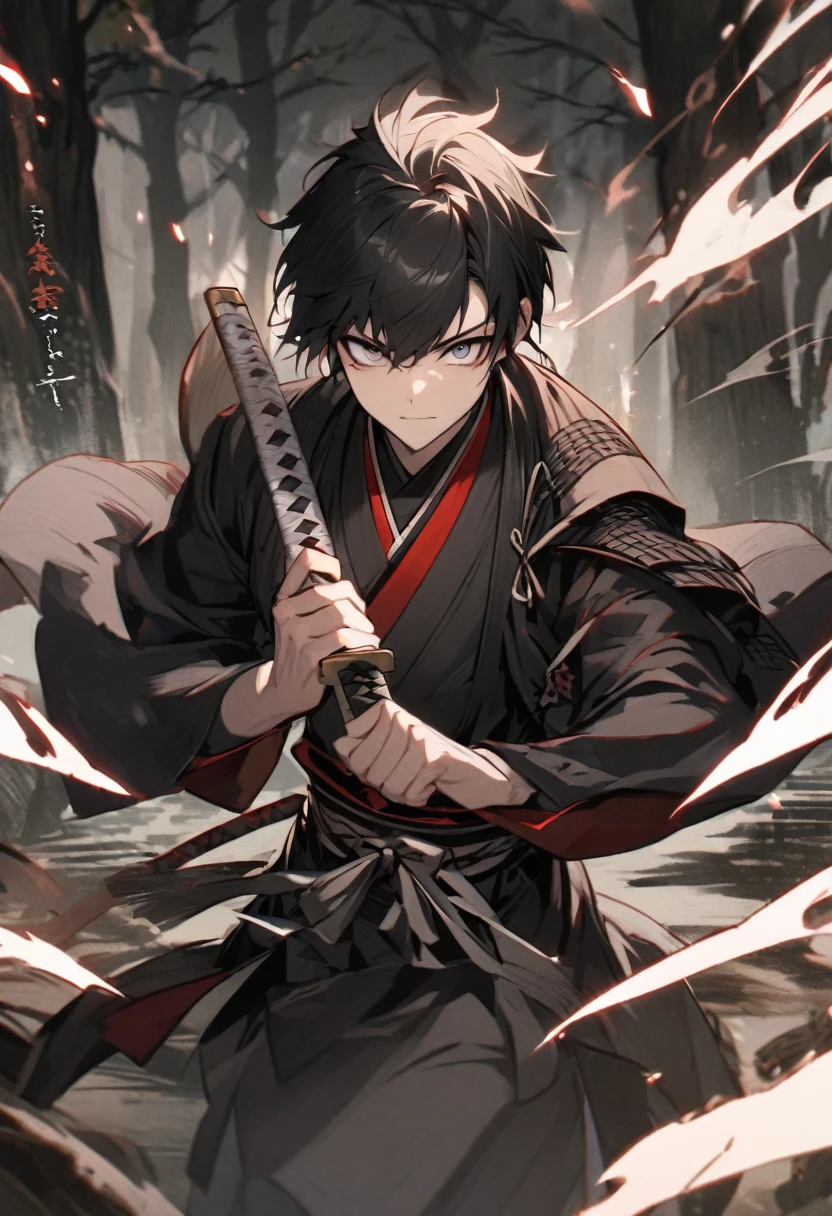 young man with calm face ,Male Dark, dark Woods,Red & Black colors, pale eye, samurai dnd, ronin background, hold katana in right hand