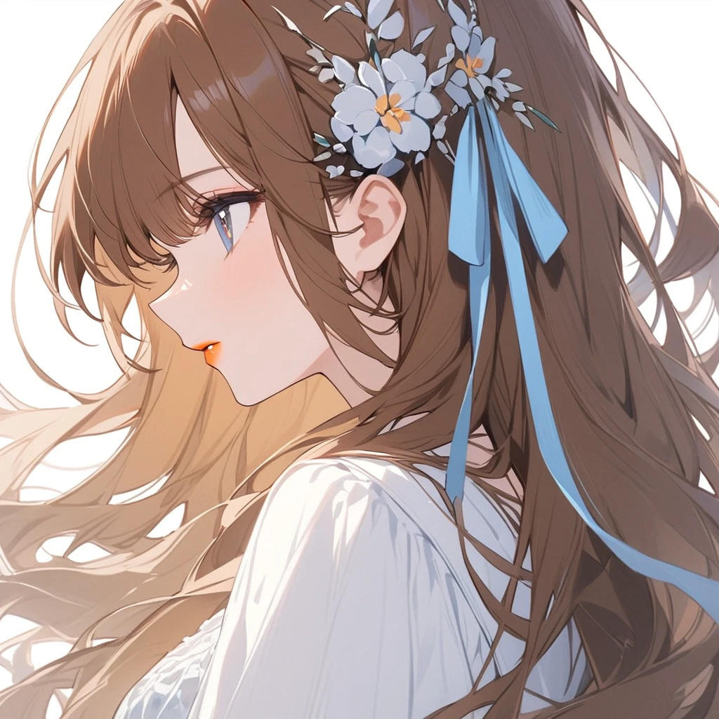 adult、woman、profile、look back、Brown Hair、Long Hair、Close up of upper body、A large light blue ribbon hair ornament、Orange lipstick、Cute white clothes、White background