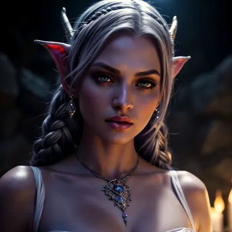 1girl, drow sexy, dark purple-blue skin, long and elaborate braids of pale silver, ((Eyes red)), jewelries, elf ears, aretes, ((...