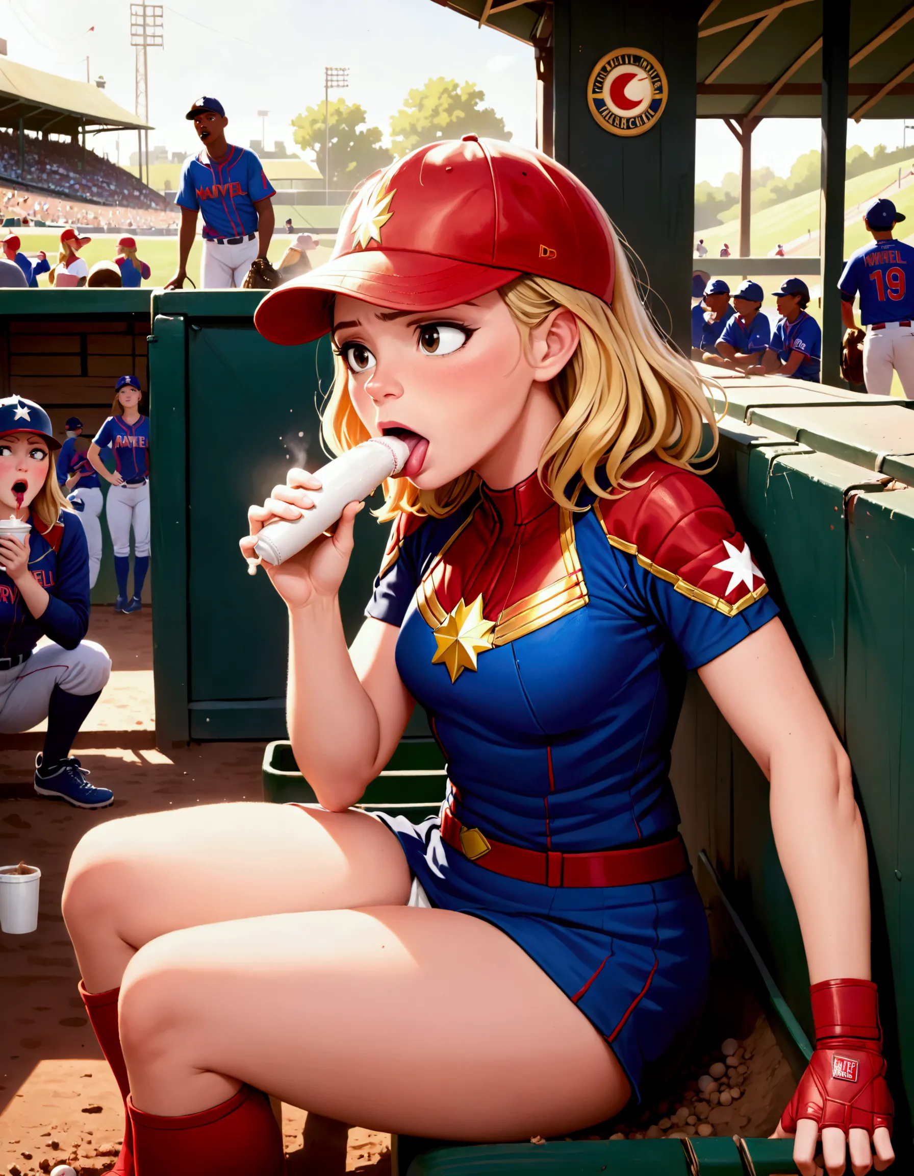 (Brea Larson, age 25, Captain Marvel, baseball cap, chewing tobacco) she is sitting in the baseball dug out spitting into a cup,...
