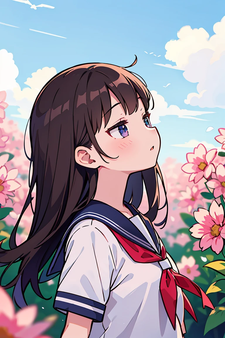 (masterpiece, best quality),1girl, solo, flower, long hair, outdoors, letterboxed, , day, sky, looking up, short sleeves, parted lips, shirt, cloud, black hair, sunlight, white shirt, serafuku, upper body, from side, pink flower, blurry, brown hair, blue sky, depth of field
