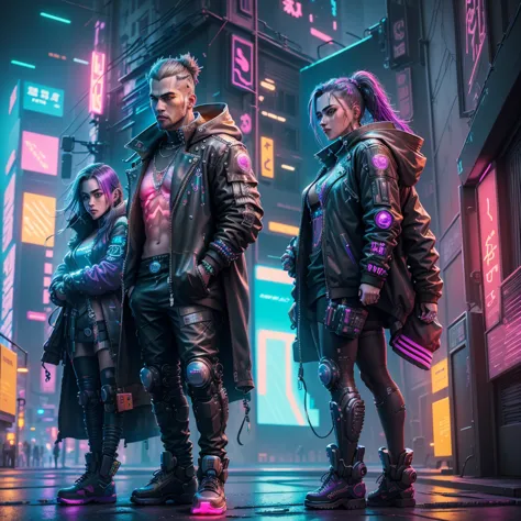 ((cyberpunk(detailed)), neon lights (cinematic), a cyberpunk guy and cyberpunk girl with futuristic cyber car, high quality