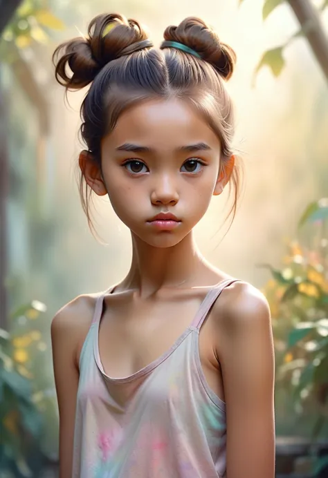 (Cinematic photo: 1.3) From (really: 1.3), (comfortable: 1.3) Beautiful 12 year old Philippine girl, ( messy bun of long brown h...