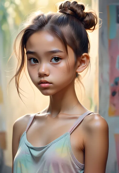 (Cinematic photo: 1.3) From (really: 1.3), (comfortable: 1.3) Beautiful 12 year old Philippine girl, ( messy bun of long brown h...