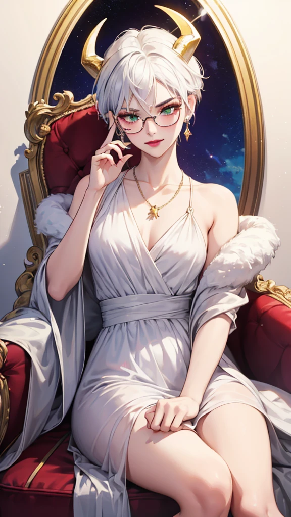 8k, masterpiece, best quality, highly detailed, 1 girl, tiefling, warlock, multicolored hair, very short straight hair green highlight hair on white hair, strippled hair, wearing glasses, round glasses, earrings, red eyeshadow, long eyelashes, blushed cheek, red lips, necklace, rings, collarbone, mole, glamorous, white and gold clothing, smirk, fullbody view, rings, looking at viewer, demon horns, solo, royal dress, palace, blue pale moon, sitting on throne, tattoo, halo, celestial, radiance, elegant dress. 