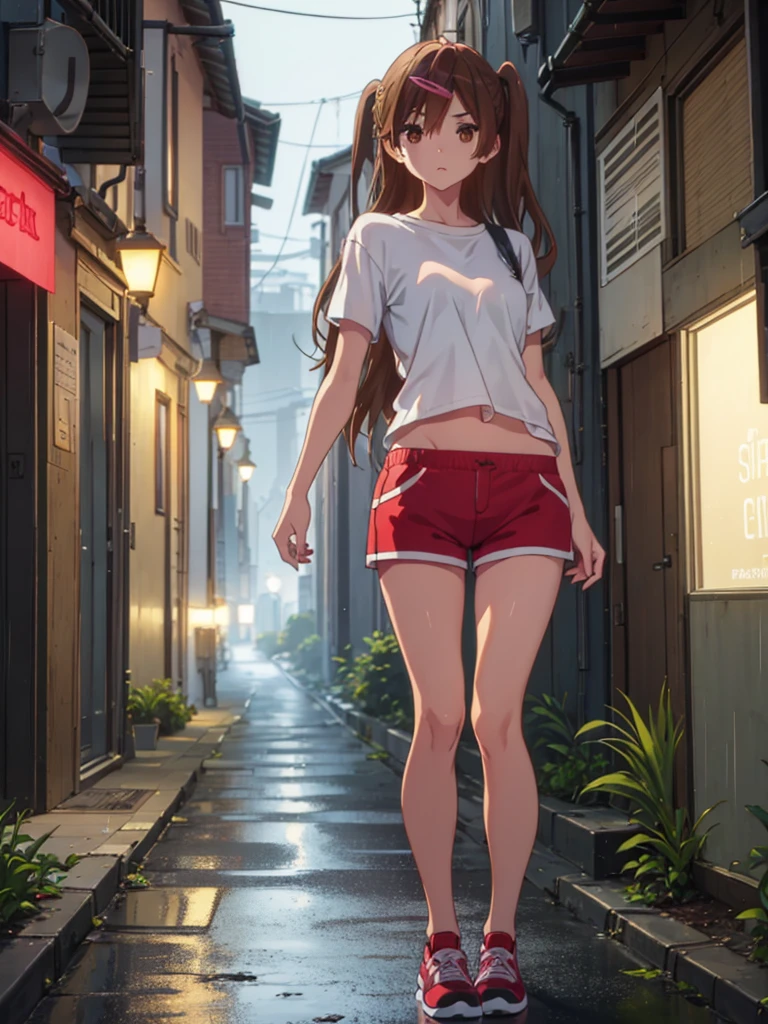 Girl, short tight shorts,t-shirt, Bare breasts, chest visible, street  background, Narrow passage between houses, night, rain, slim body, In full growth, Sneakers , small breast