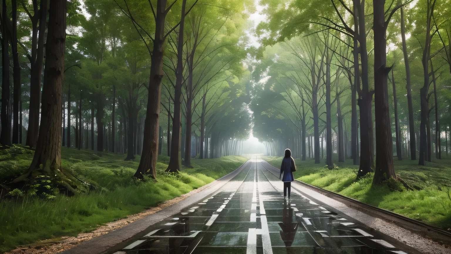 And soul、show、Beautiful anime art, Anime Style、4K、Wet day, forest，Raindrops, Light of the sun,makoto shinkai